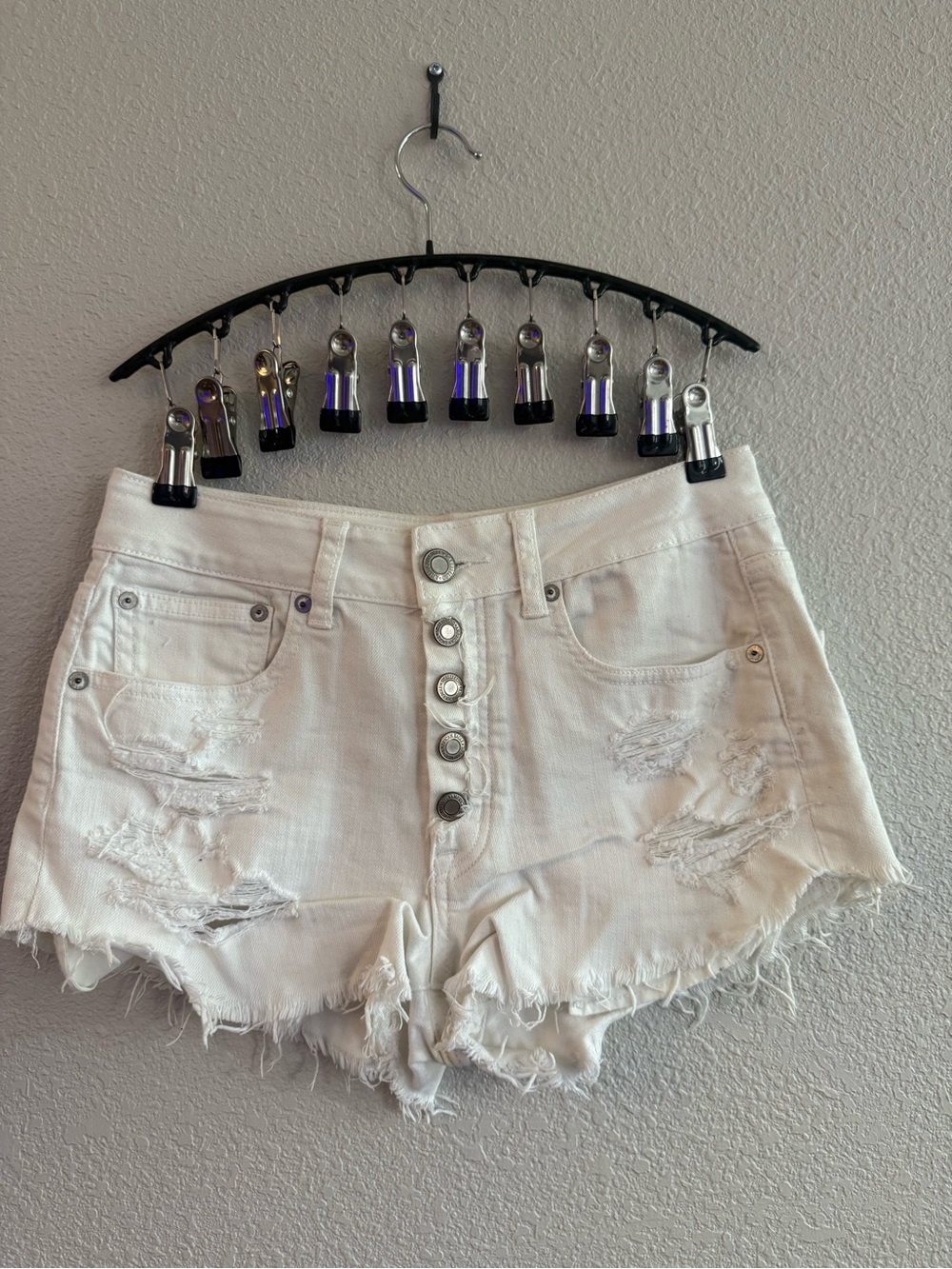 American Eagle Outfitters White Distressed Button-Fly Denim Shorts